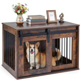 31.5" Dog Crate Furniture With Sliding Barn Door, Wooden Dog Kennel End Table For Indoor Use - Rustic Brown